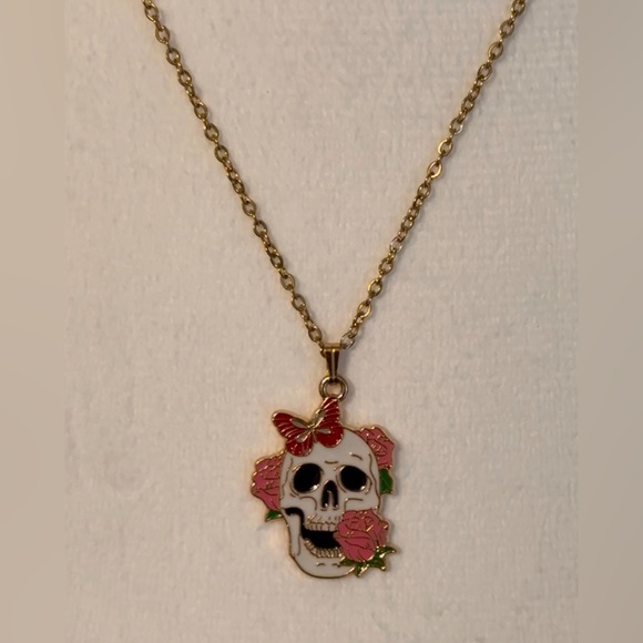 Skull Pendant Necklace Halloween Style Colorful Skull With Flowers - Picture 2 of 5